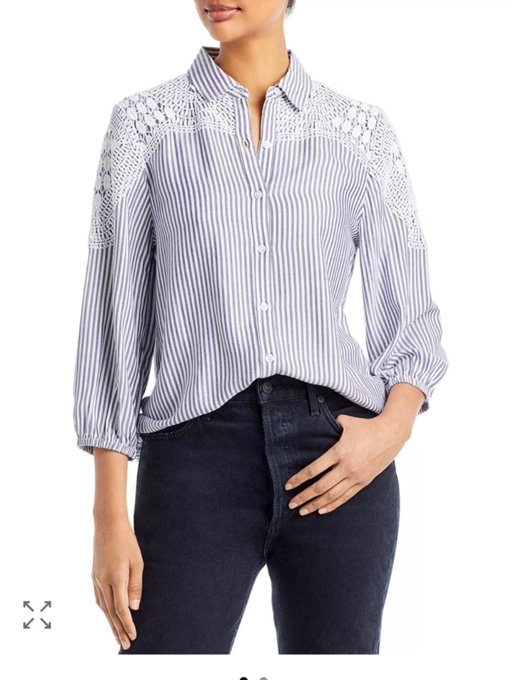 Cupio Blue and White Striped Crochet-Yoke Button-Down  Size Small